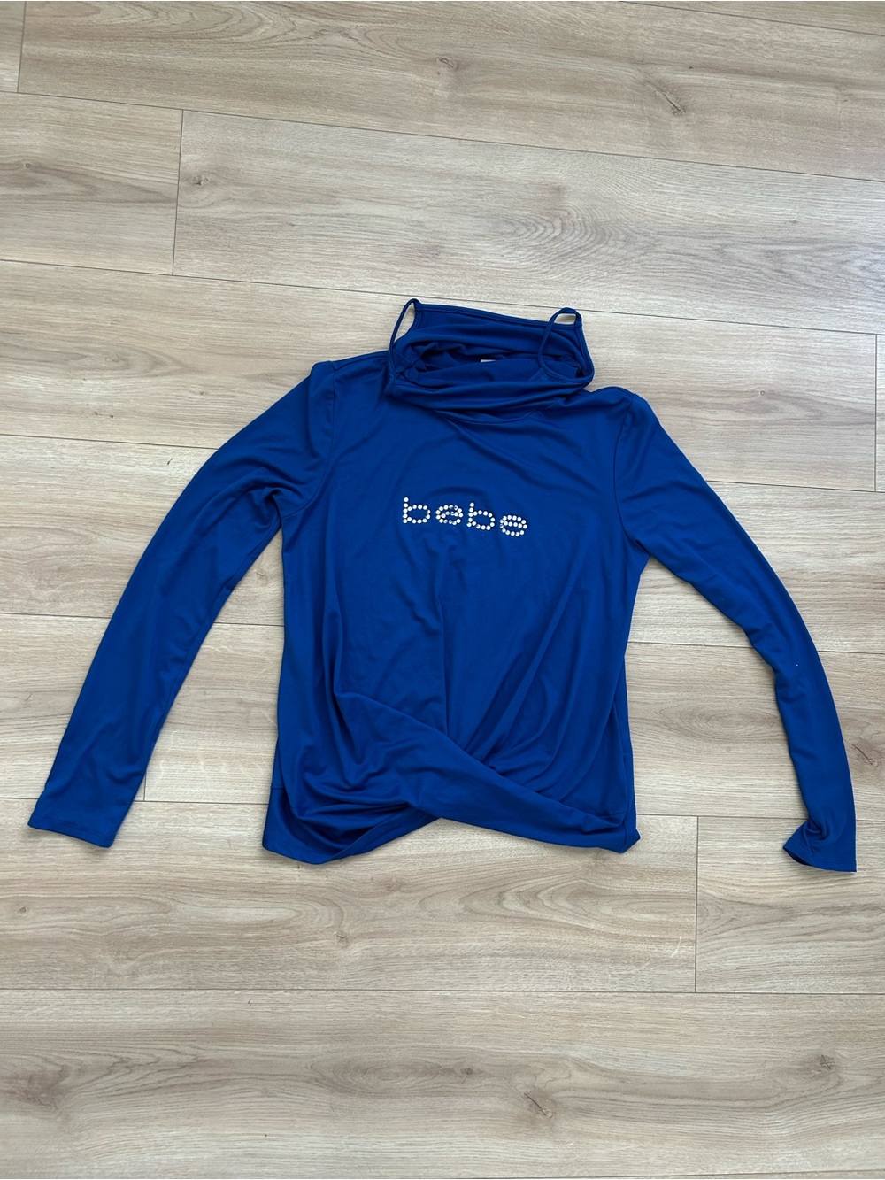 Y2K Bebe Cobalt Blue Long Sleeve Turtleneck with Rhinestone Logo